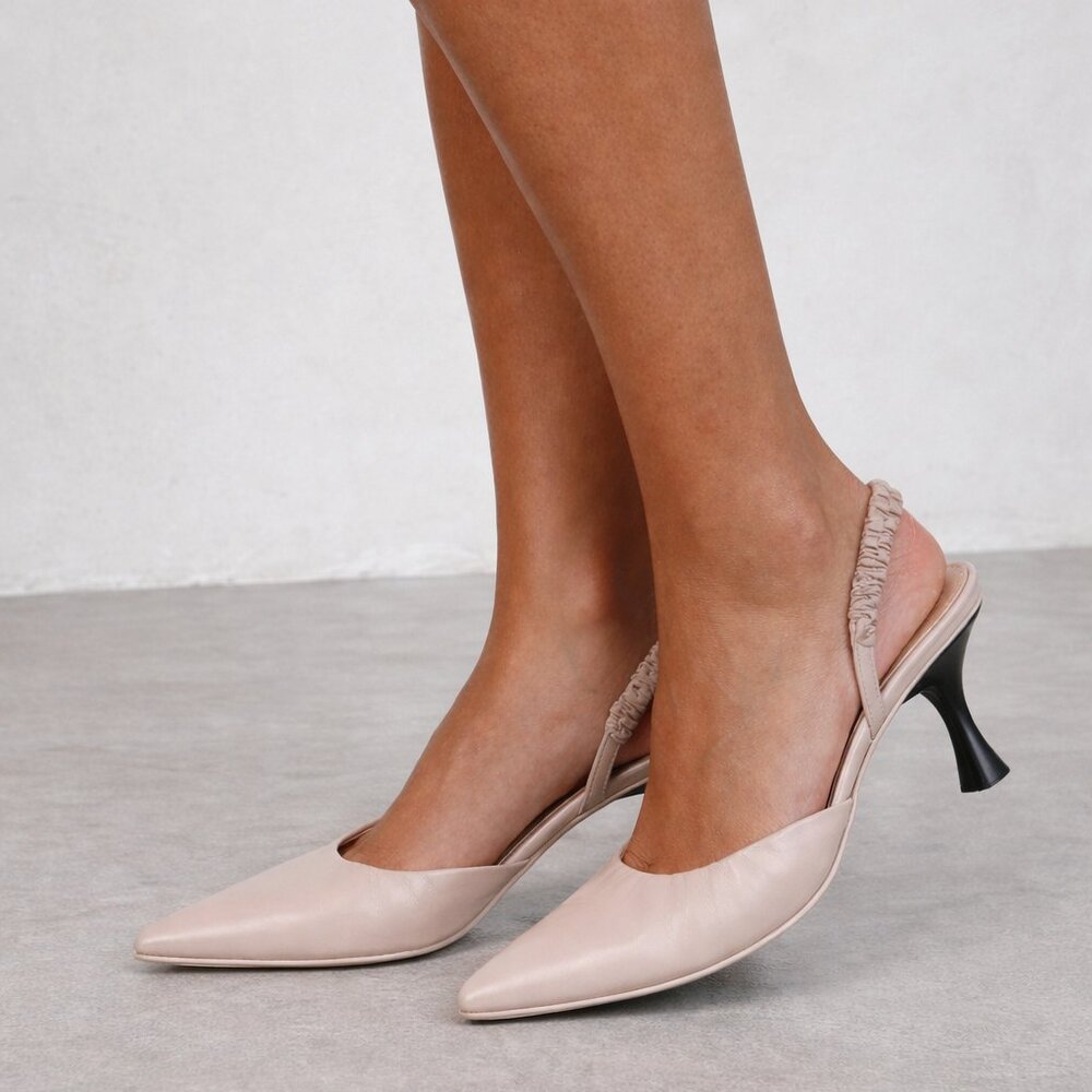 Halmanera Italian Leather Nude Slingback Heels Luxury Elastic Strap Size 36 1/2